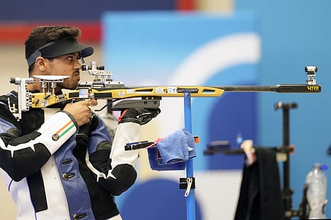 India's Swapnil Kusale competes in the 50m rifle 3 positions men's final at the 2024 Summer Olympics, Thursday, Aug. 1, 2024, in Chateauroux, France.