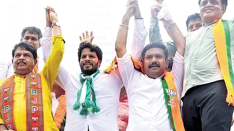 (From left) Leader of Opposition in Assembly R Ashoka, JDS youth wing president Nikhil Kumaraswamy, state BJP chief BY Vijayendra, and former DyCM Dr CN Ashwathnarayan during the NDA padayatra in Maddur on Tuesday