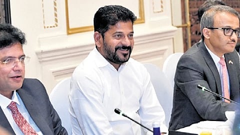 CM Revanth Reddy and IT Minister D Sridhar Babu take part in a business roundtable conference in New York on Tuesday