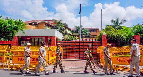 Security arrangements outside the Bangladesh High Commission, in New Delhi, Tuesday, Aug. 6, 2024. Sheikh Hasina has resigned as Bangladesh's Prime Minister after pressure from protesters who have been agitating over a special job quota bill in the country.