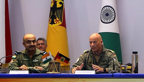 Air Chief Marshal VR Chaudhari PVSM AVSM VM ADC along with Chief of the German Air Force, Lieutenant General Ingo Gerhartz addressing during the press meet on the first day of "TARANG SHAKTHI 2024"