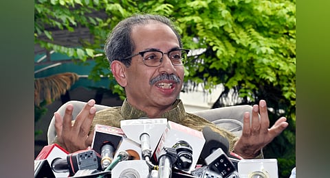 Shiv Sena (UBT) Chief Uddhav Thackeray addresses a press conference, in New Delhi on Wednesday.