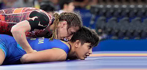 Wrestler Antim Panghal in her bout with Turkish opponent Zeynep Yetgil