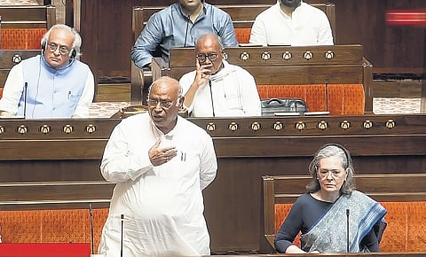 Leader of Opposition Mallikarjun Kharge speaks in the Rajya Sabha on Thursday.