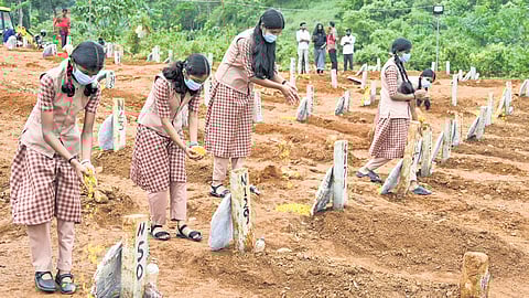 Students of Amrita Vidyalayam, Wayanad, pay tributes to the victims of the landslides, at the
mass burial site in Puthumala