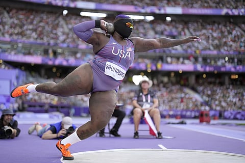 Raven Saunders, of the United States, competes during the women's shot put qualification at the 2024 Summer Olympics, Thursday, August 8, 2024.