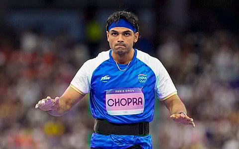 India's Neeraj Chopra after his second attempt during the men's javelin throw final at the 2024 Summer Olympics, in Paris, France, Thursday, Aug. 8, 2024.