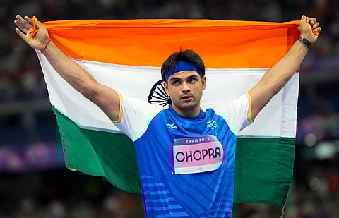India's Neeraj Chopra after winning silver in the men's javelin throw final at the 2024 Summer Olympics, in Paris, France, Thursday, Aug. 8, 2024.