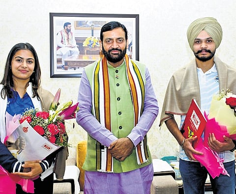 Olympic medallists Manu Bhaker and Sarabjot Singh meet Haryana Chief Minister Nayab Singh Saini in Chandigarh on Friday.