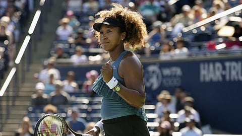 Japan's Naomi Osaka celebrates a point during her win over Tunisia's Ons Jabeur at the National Bank Open in Toronto on Wednesday, August 7, 2024.