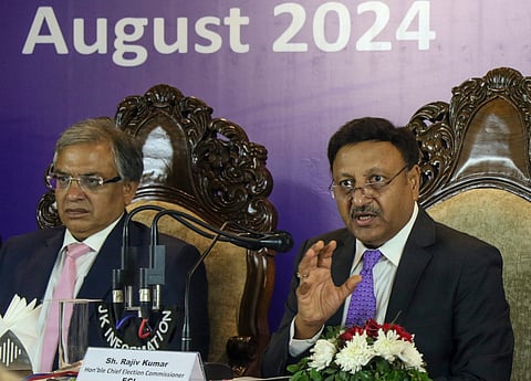 Chief Election Commissioner Rajiv Kumar addresses a press conference, in Jammu, Friday, Aug. 9, 2024.