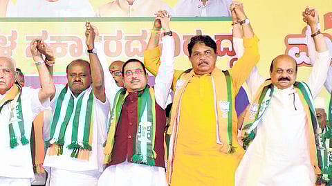 Union ministers HD Kumaraswamy and Pralhad Joshi, former CMs BS Yediyurappa and Basavaraj Bommai, LoP R Ashoka, BJP state president BY Vijayendra, and party Karnataka in-charge Radha Mohan Das Agarwal in Mysuru on Saturday