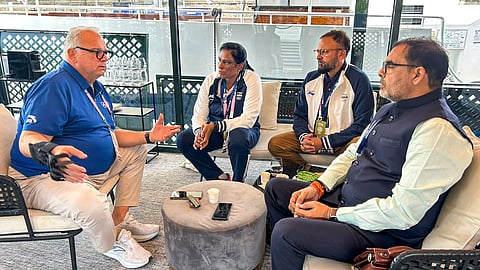 United World Wrestling (UWW) President Nenad Lalovic, Indian Olympic Association (IOA) President P.T. Usha, Wrestling Federation of India (WFI) President Sanjay Singh and IOA CEO Raghuram Iyer during a meeting regarding disqualification of Indian wrestler Vinesh Phogat from the 2024 Summer Olympics