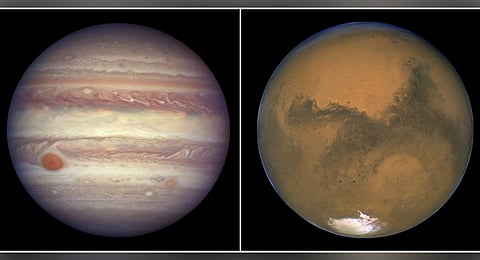 This combination image, created from two photos provided by NASA, shows Jupiter pictured on April 3, 2017, left, and Mars pictured on Aug. 26, 2003, right.