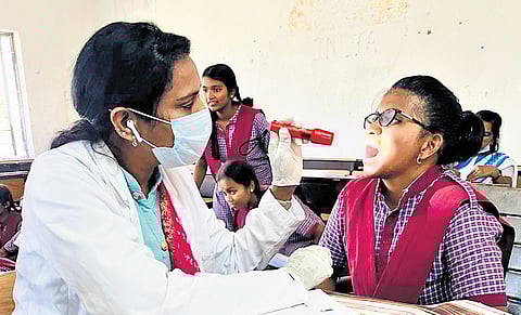 As part of a dental camp, oral tests were conducted for students at a government school in Karimnagar