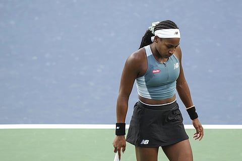 Coco Gauff of the United States reacts during her loss to Diana Shnaider of Russia at the National Bank Open in Toronto on Friday, August 9, 2024.