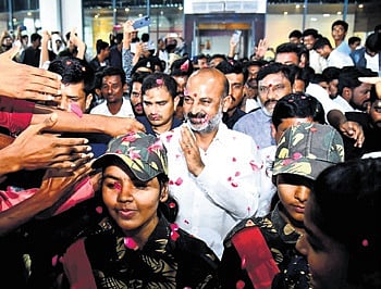 MoS Bandi Sanjay takes part at an event in Karimnagar on Sunday