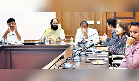 Ministers N Uttam Kumar Reddy, Damodar Rajanarasimha and Ponguleti Srinivasa Reddy at the cabinet sub-committee meeting at the Secretariat on Saturday