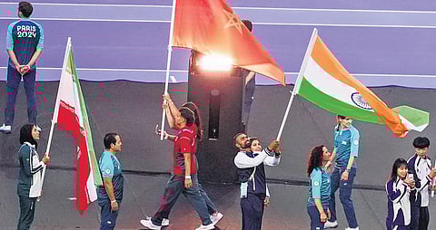 India’s flagbearers shooter Manu Bhaker and retired men’s hockey team goalkeeper PR Srejeesh during the closing ceremony of the 2024 Summer Olympics at Stade de France, Paris on Sunday; India finished with six medals (five bronze and a silver)