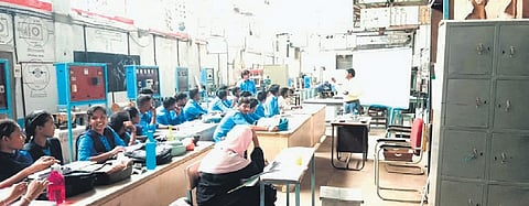 Classes are being conducted in the workshop due to shortage of classrooms