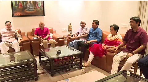AAP leaders Manish Sisodia, Gopal Rai, Atishi, Saurabh Bharadwaj and others during a meeting at Sisodia's residence, in New Delhi, Sunday, Aug. 11, 2024. Sisodia held a meeting with senior leaders on Sunday to discuss the strategy for the Delhi Assembly polls slated to be held early next year.