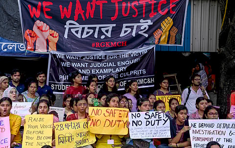 Doctors and nursing staff protest against the rape and murder of the woman doctor inside the RG Kar Medical College and Hospital in Kolkata
