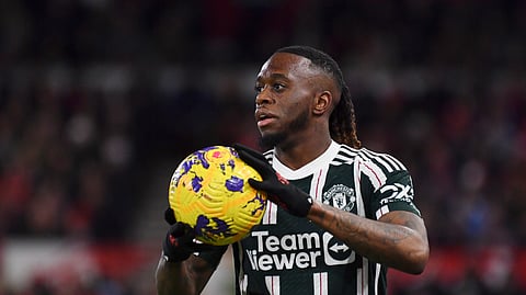 Manchester United's Aaron Wan-Bissaka holds the ball during the English Premier League football match between Nottingham Forest and Manchester United in 2023.