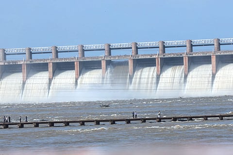 The Tungabhadra dam, on Sunday, Aug. 11, 2024. The chain of a crust gate of the dam broke, leading to the release of huge amount of water, on Sunday.