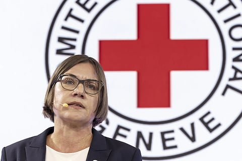 Switzerland's Mirjana Spoljaric Egger, President of the International Committee of the Red Cross, speaks to media during a briefing to mark the 75th anniversary of the adoption of the Geneva Conventions on August 12, 1949, at the ICRC headquarters in Geneva, Monday, Aug 12, 2024.