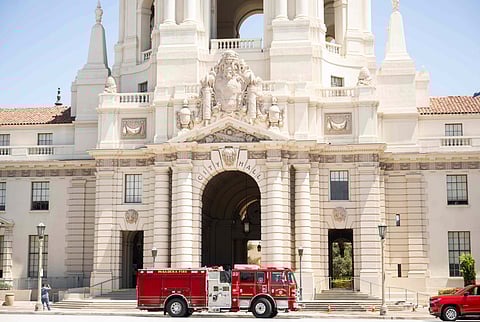 A Pasadena firetruck responds to Pasadena City Hall on Monday, Aug. 12, 2024, in Pasadena, Calif, after an earthquake was strongly felt from the Los Angeles area all the way to San Diego