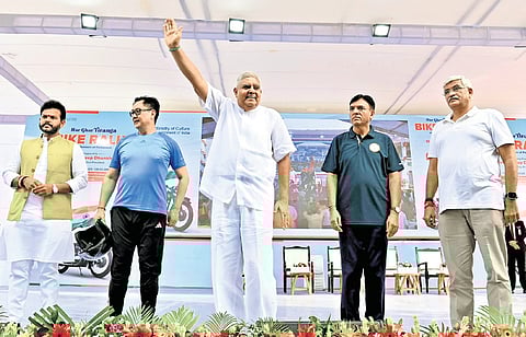 Vice-President Jagdeep Dhankhar with Union Ministers during the flagging off of ‘Har Ghar Tiranga’ bike rally at Bharat Mandapam in New Delhi on Sunday | pti