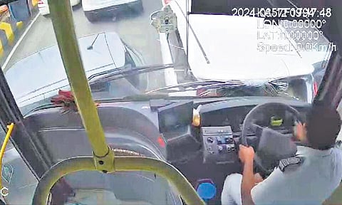 A screen grab from a security camera inside the Volvo bus shows the moment the driver rammed his vehicle into cars on Hebbal flyover on Monday