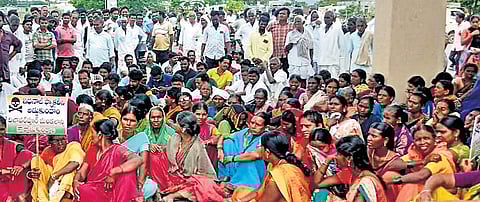 Farmers protest outside the collector’s office in Nirmal district against the
proposed ethanol factory in Adilabad