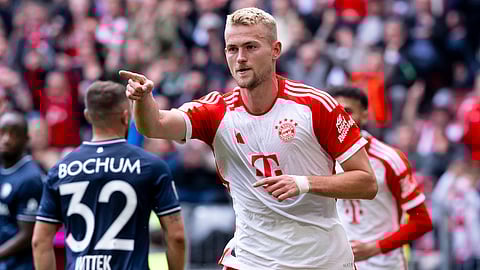 Bayern's Matthijs de Ligt celebrates scoring his side's third goal during the German Bundesliga match between Bayern Munich and VfL Bochum at the Allianz Arena inn Munich, Germany, Saturday, Sept. 23, 2023