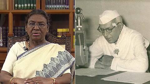 (L) President Droupadi Murmu speaks during an address to the nation on the eve of Independence Day; (R) India's first PM Jawaharlal Nehru addresses the nation in a radio broadcast.