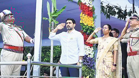 HRD & IT Minister N Lokesh takes part in the 78th Independence Day celebrations at Police Parade Grounds in Guntur on Thursday