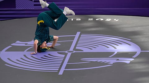 Australia's Rachael Gunn, known as B-Girl Raygun, competes during the Round Robin Battle at the breaking competition at La Concorde Urban Park at the 2024 Summer Olympics.