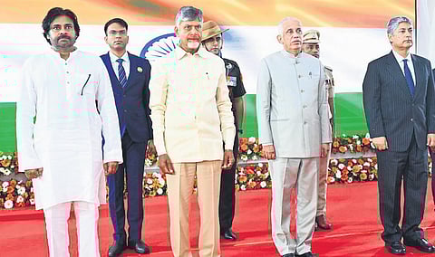 Governor S Abdul Nazeer, CM N Chandrababu Naidu and Deputy CM K Pawan Kalyan during ‘At Home’ at the Raj Bhavan in Vijayawada on Thursday