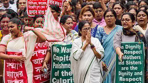 West Bengal Chief Minister and TMC chief Mamata Banerjee along with party leaders and supporters takes part in a protest rally demanding justice for a woman doctor who was allegedly raped and murdered at R G Kar Medical College and Hospital, in Kolkata.