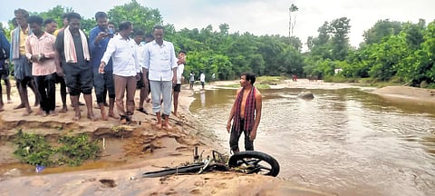 The causeway, where a teacher was washed away in the Votti Gedda stream in Manyam district.