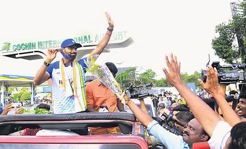Hockey player P R Sreejesh was accorded a hero’s welcome when he reached Kochi on Friday after his successful Olympics campaign in Paris