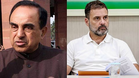 Bharatiya Janata Party (BJP) leader Subramanian Swamy (L), Congress leader Rahul Gandhi (R)