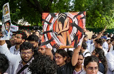 Members of Resident Doctors' Associations (RDAs) across Delhi stage a joint protest march against the alleged rape and murder of a woman doctor at Kolkata's R G Kar Medical College and Hospital, from Nirman Bhavan in New Delhi,