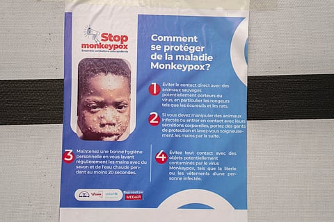 A poster bringing attention to the mpox outbreak hangs at the Goma General Hospital, Democratic Republic of the Congo, Tuesday, July 16, 2024.