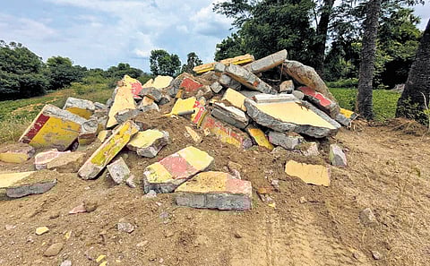 The debris of Kaliamman temple near Gemmankuppam village in KV Kuppam taluk