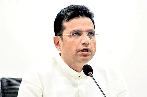 D Sridhar Babu addresses a press conference in Hyderabad on Saturday