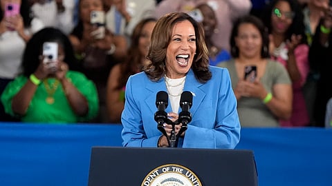 Democratic presidential nominee Vice President Kamala Harris speaks at a campaign event at Hendrick Center for Automotive Excellence on the Scott Northern Wake Campus of Wake Tech Community College in Raleigh, N.C., Friday, Aug. 16, 2024.