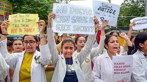 Doctors and medical students stage a protest amid the 24-hour nationwide strike called by the Indian Medical Association (IMA) demanding justice for the woman doctor who was allegedly raped and murdered at Kolkata's R G Kar Medical College and Hospital.