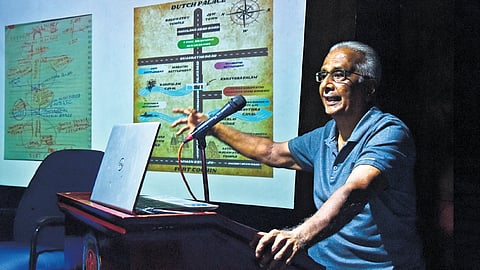 Journalist and author of 'Cochin Fame and Faith,' M K Das speaks at a workshop on 'Kochi as World Heritage' organised by the Ernakulam Karayogam Heritage Group at TDM Hall on Saturday