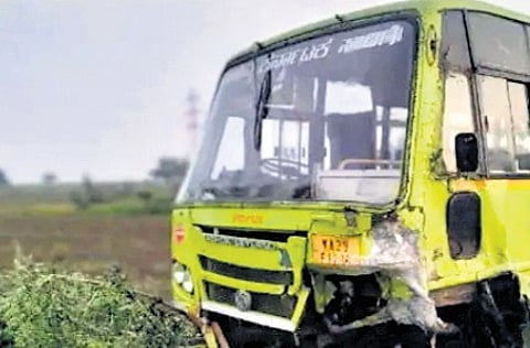The bus which collided with a car, killing four people in Konnur on Sunday